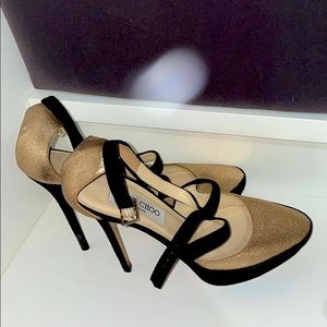 Jimmy Choo black & gold glitter platform pumps